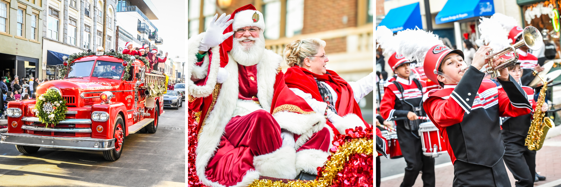 Images from the 2024 Concord Christmas Parade: Red Truck carrying Council members, Santa Clause on a float, and a marching band. Images from the 2024 Concord Christmas Parade: Red Truck carrying Council members, Santa Clause on a float, and a marching band.